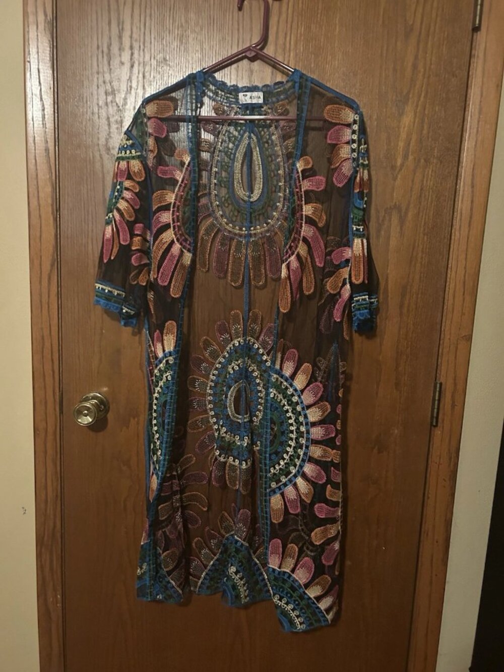 ASHA Bohemian Mesh Kimono Duster OSFM Embroidered Floral Festival Hippie